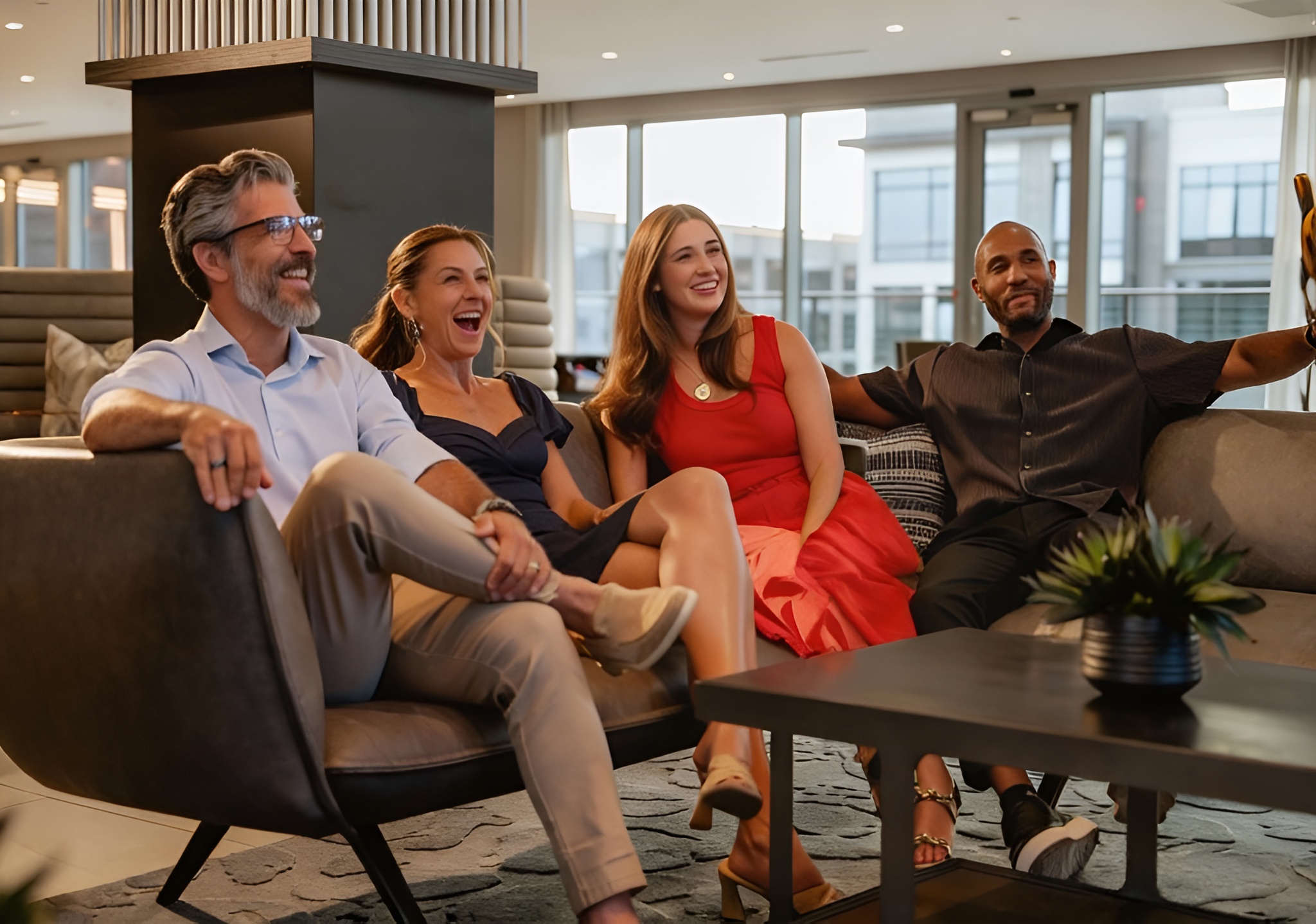 Residents chatting outdoors on seating